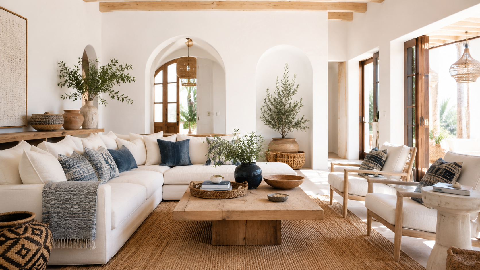 Light and airy living room with ivory walls, linen sofa, pale wood, and soft indigo touches